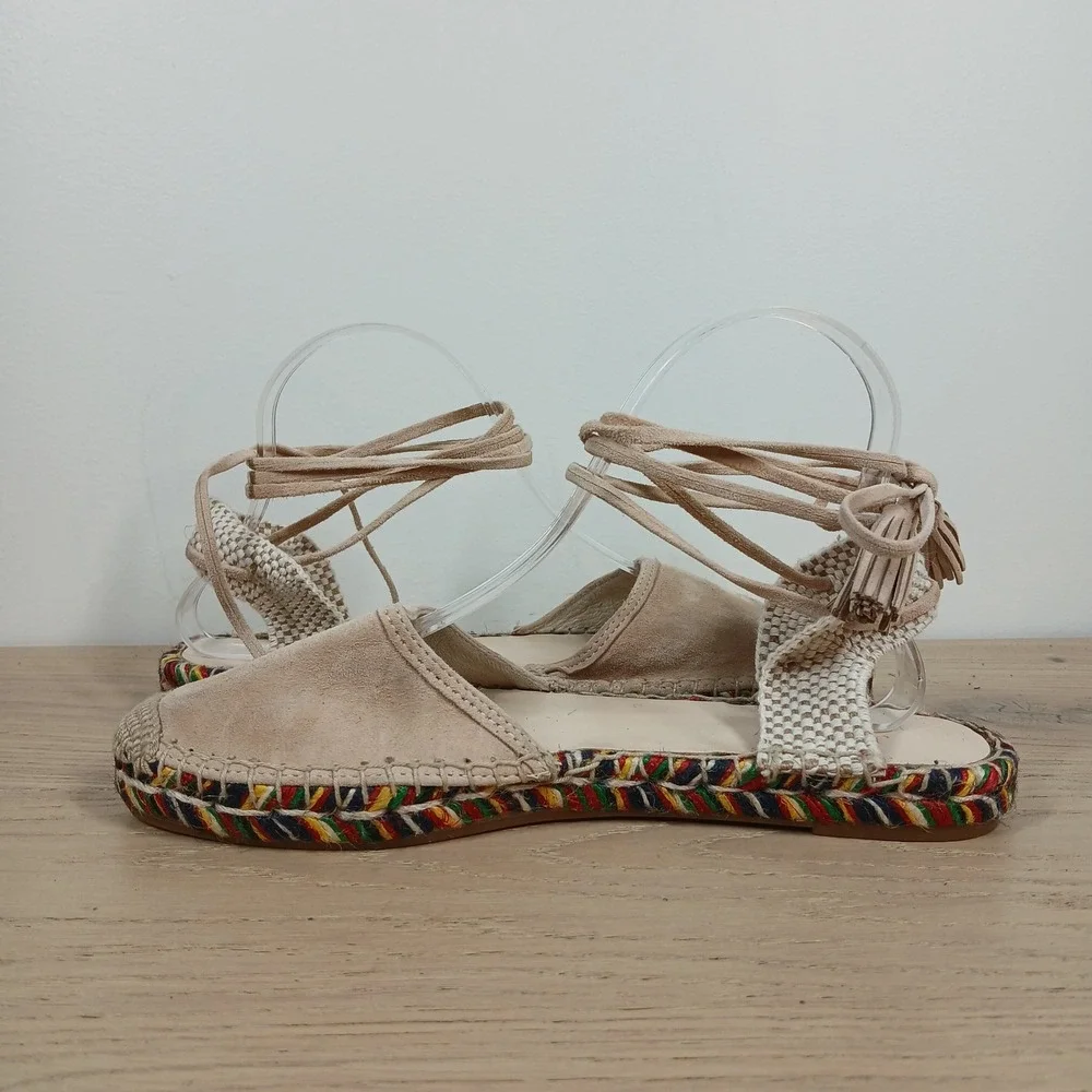 J. Crew Espadrille Women 9 Tan Suede Lace Up Ankle Tie Boho Coastal Summer